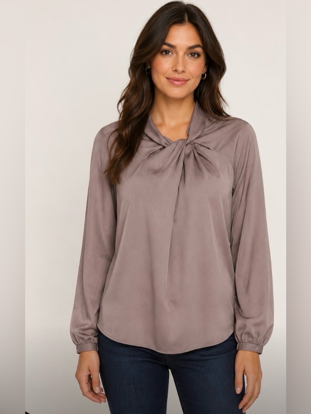 Banana Republic Taupe Twist-Neck Long-Sleeve Blouse